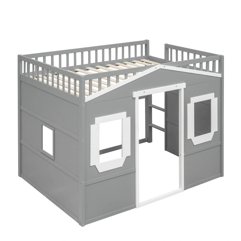 Solid Wood Full Size House Loft Bed with Ladder and Underbed Gaming Space