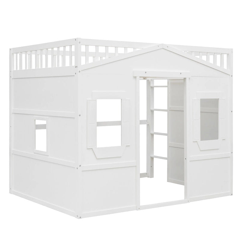 Solid Wood Full Size House Loft Bed with Ladder and Underbed Gaming Space