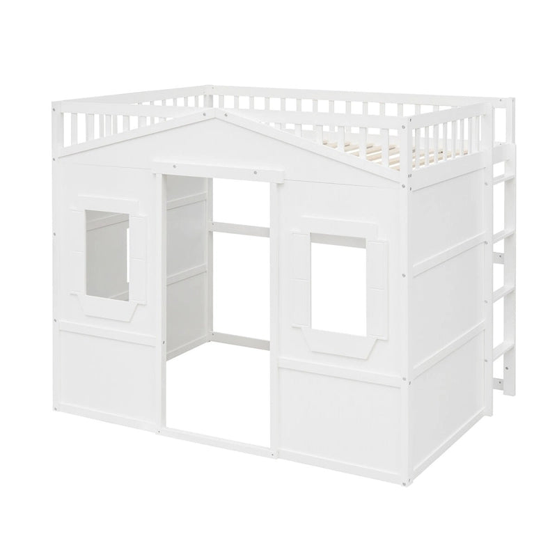 Solid Wood Full Size House Loft Bed with Ladder and Underbed Gaming Space
