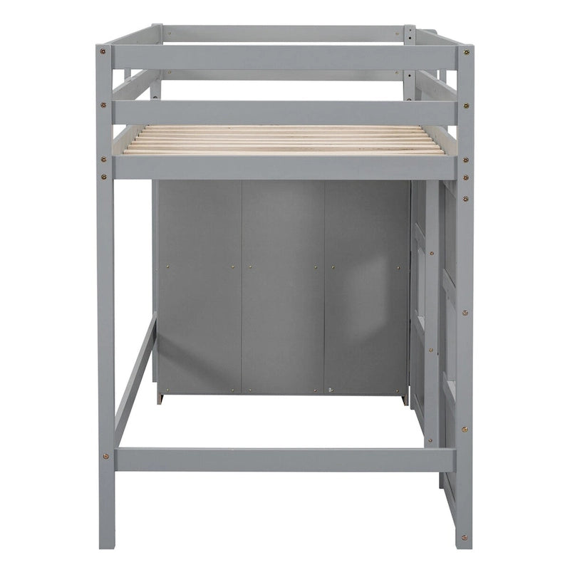 Wood Twin Size Loft Bed with Built-in Storage Wardrobe and 2 Windows