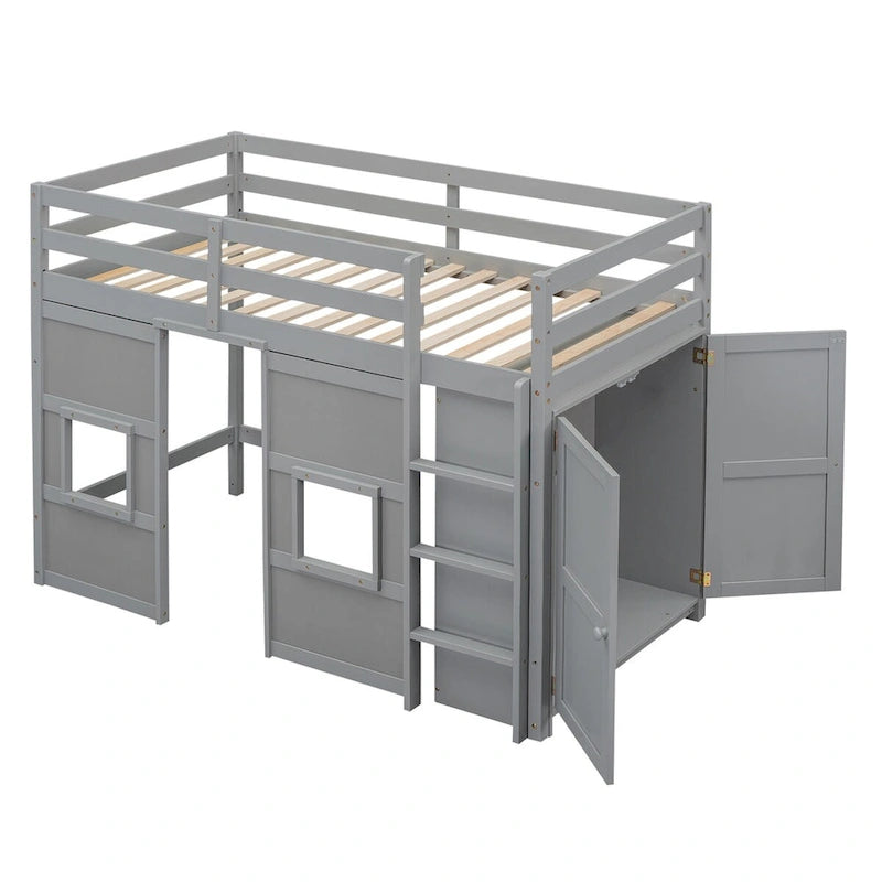 Wood Twin Size Loft Bed with Built-in Storage Wardrobe and 2 Windows