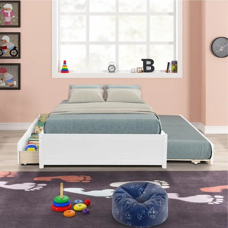 Full Size Bed With Twin Size Trundle and Two Drawers