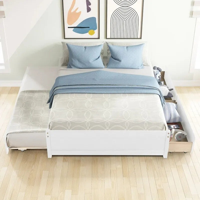 Full Size Bed With Twin Size Trundle and Two Drawers