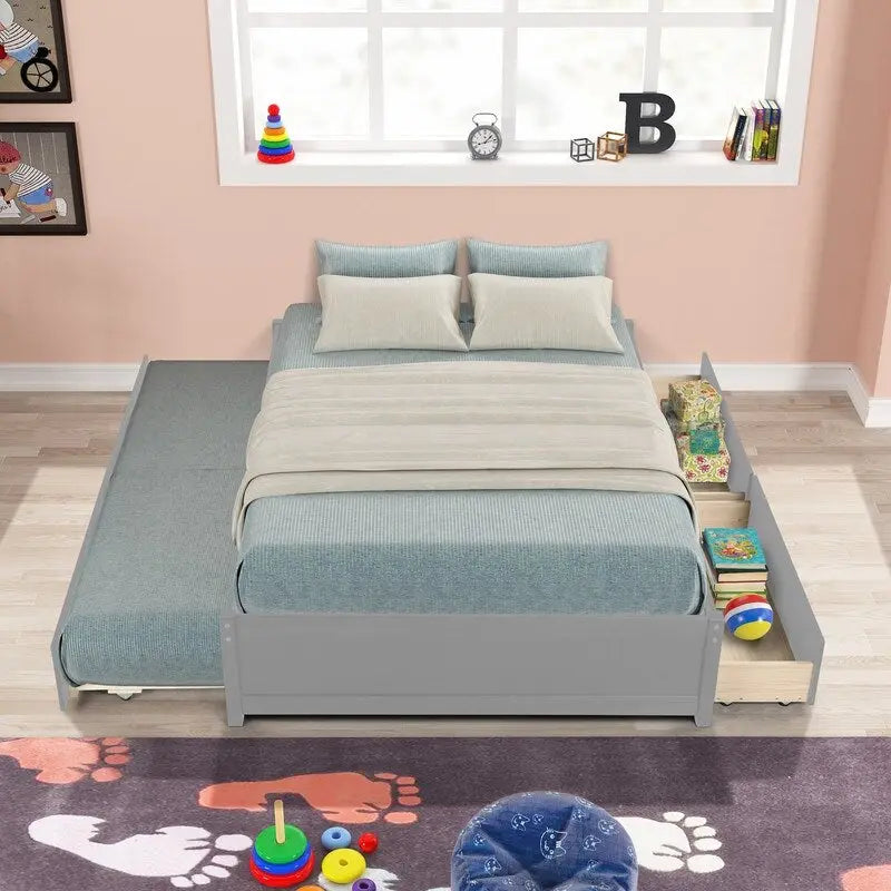 Full Size Bed With Twin Size Trundle and Two Drawers