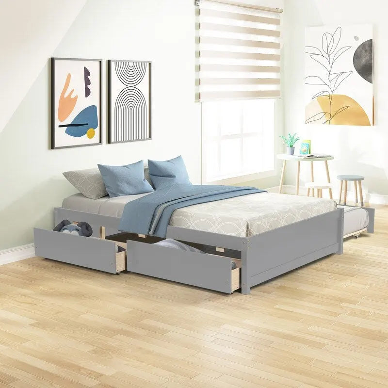 Full Size Bed With Twin Size Trundle and Two Drawers