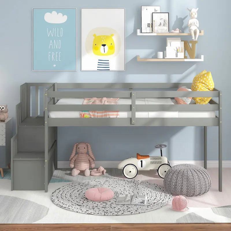 Twin Size Solid Wood Loft Bed with Staircase and Storage Stairs