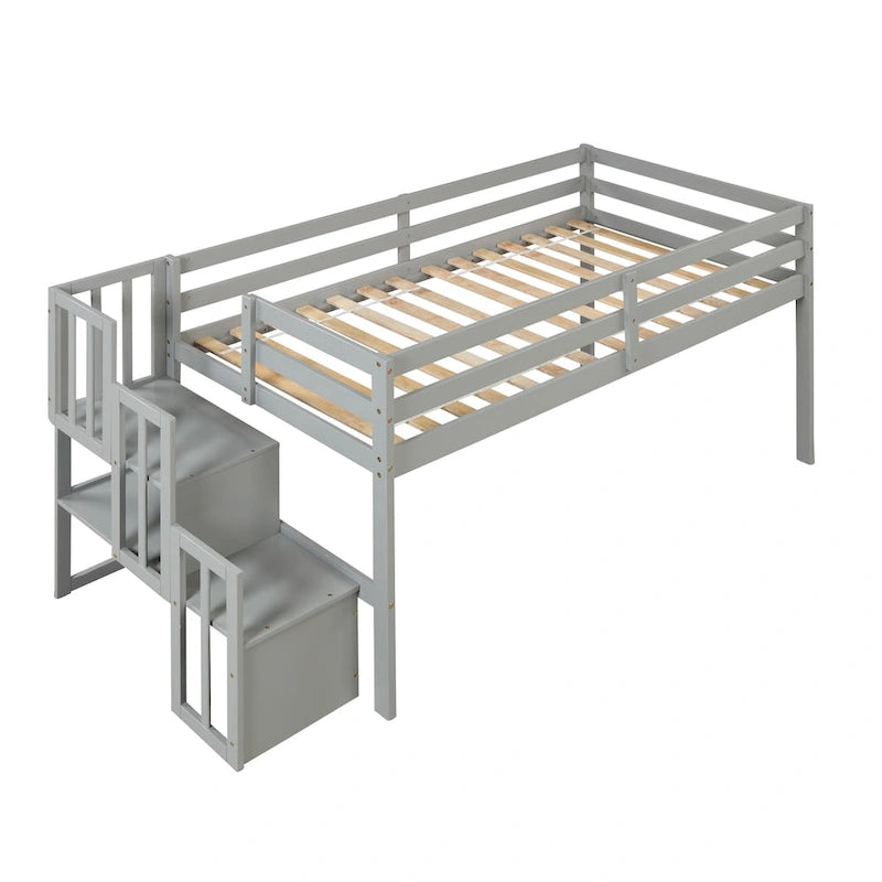 Twin Size Solid Wood Loft Bed with Staircase and Storage Stairs