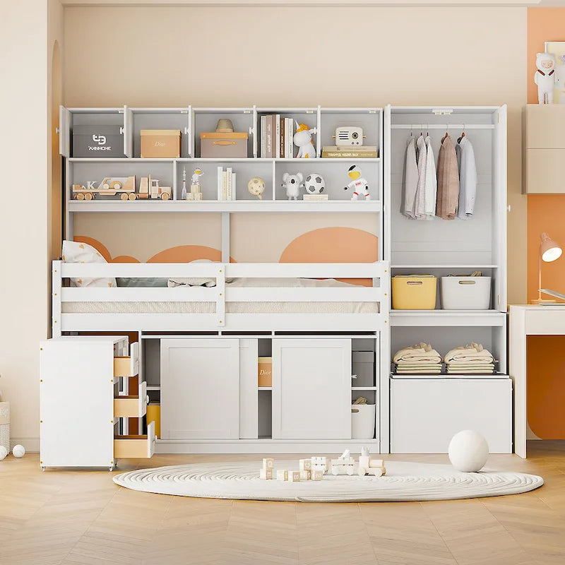 Wooden Loft Bed Big Storage with Under-bed Desk, Drawers and Shelves