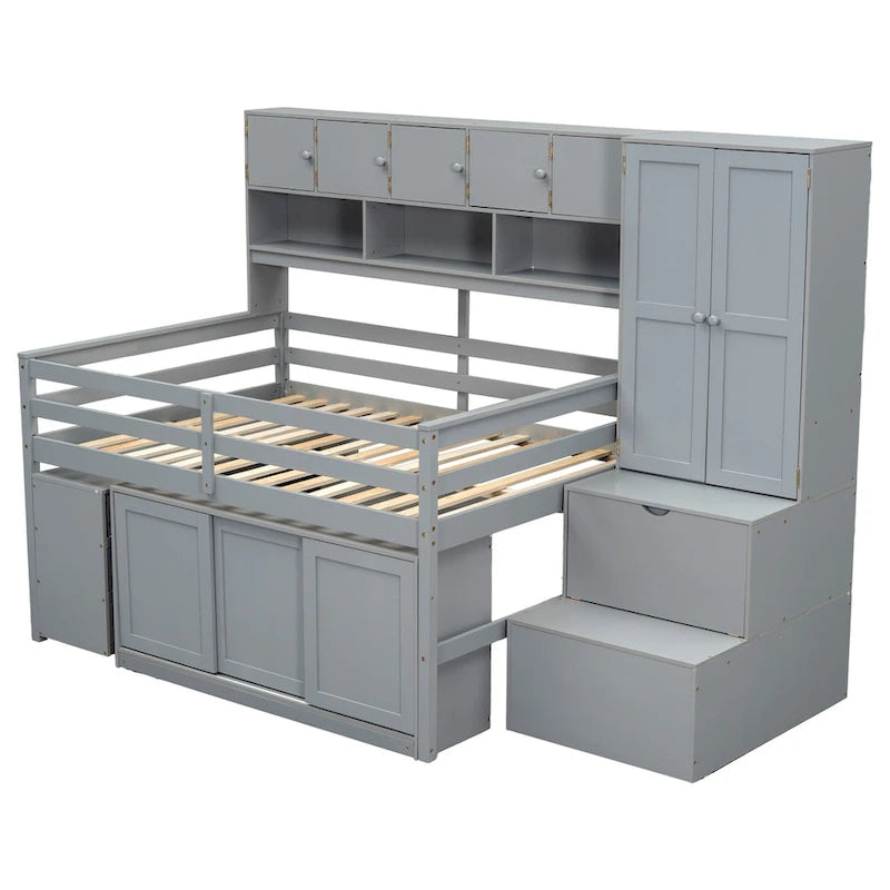 Wooden Loft Bed Big Storage with Under-bed Desk, Drawers and Shelves