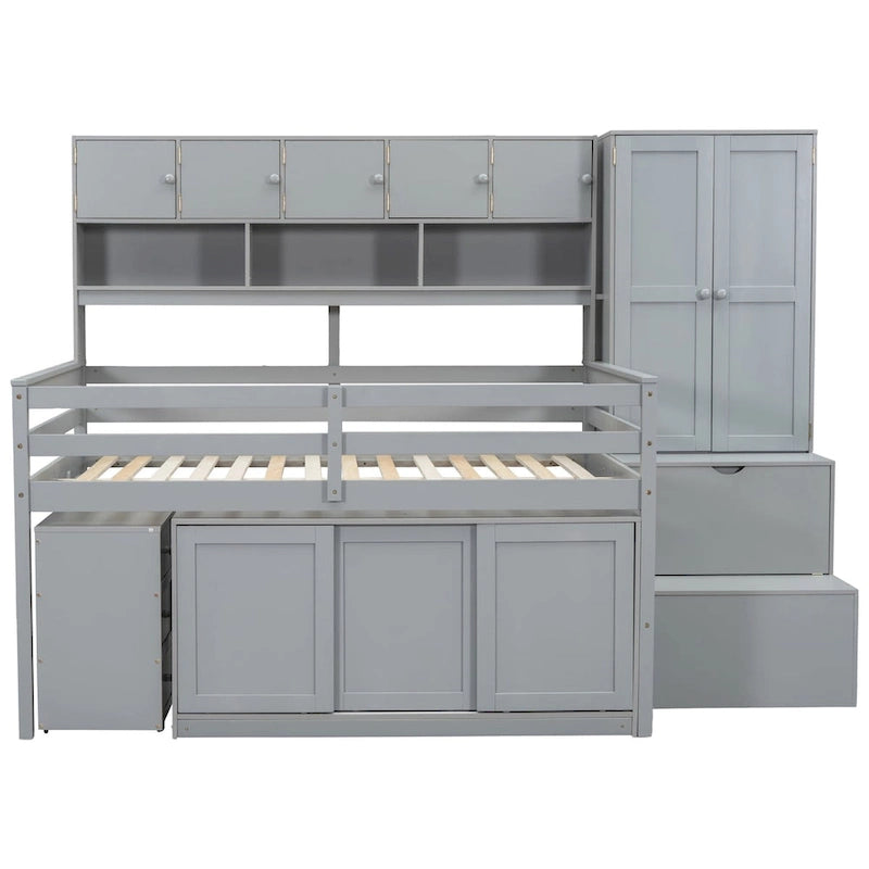 Wooden Loft Bed Big Storage with Under-bed Desk, Drawers and Shelves