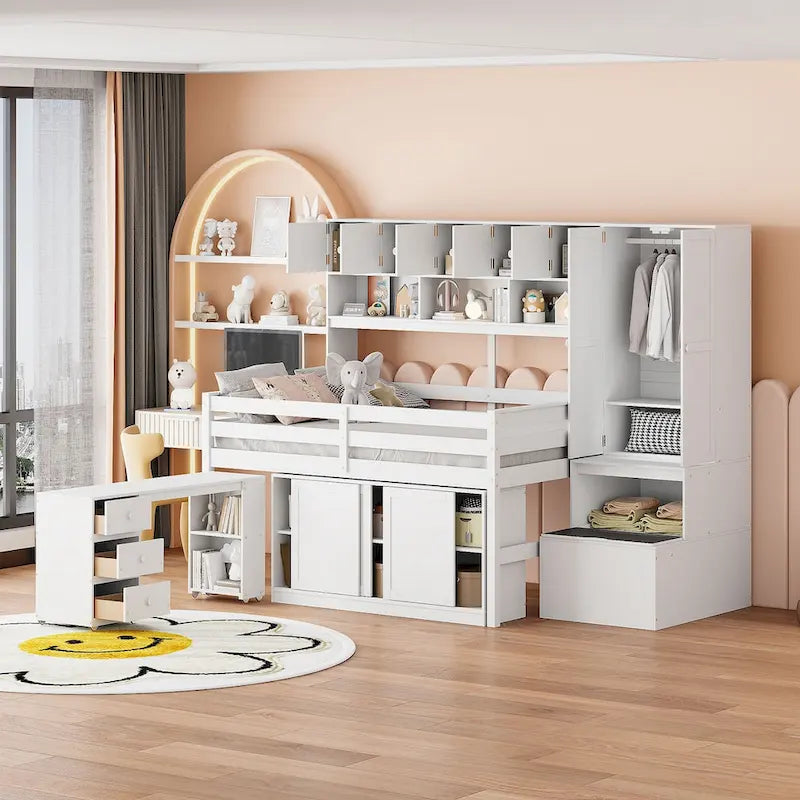 Wooden Loft Bed Big Storage with Under-bed Desk, Drawers and Shelves