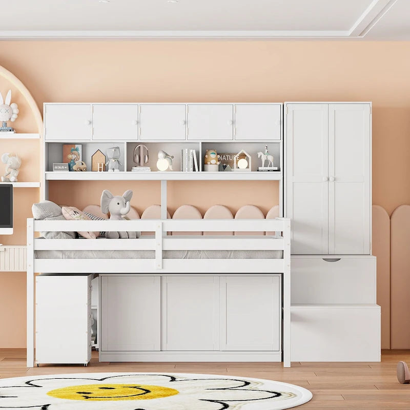 Wooden Loft Bed Big Storage with Under-bed Desk, Drawers and Shelves