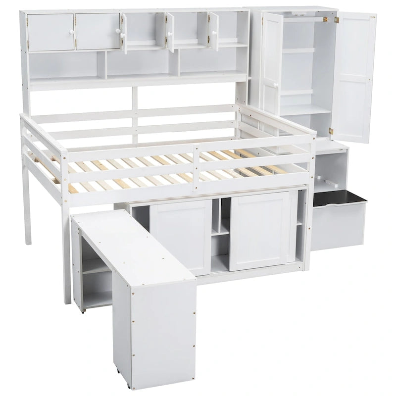 Wooden Loft Bed Big Storage with Under-bed Desk, Drawers and Shelves