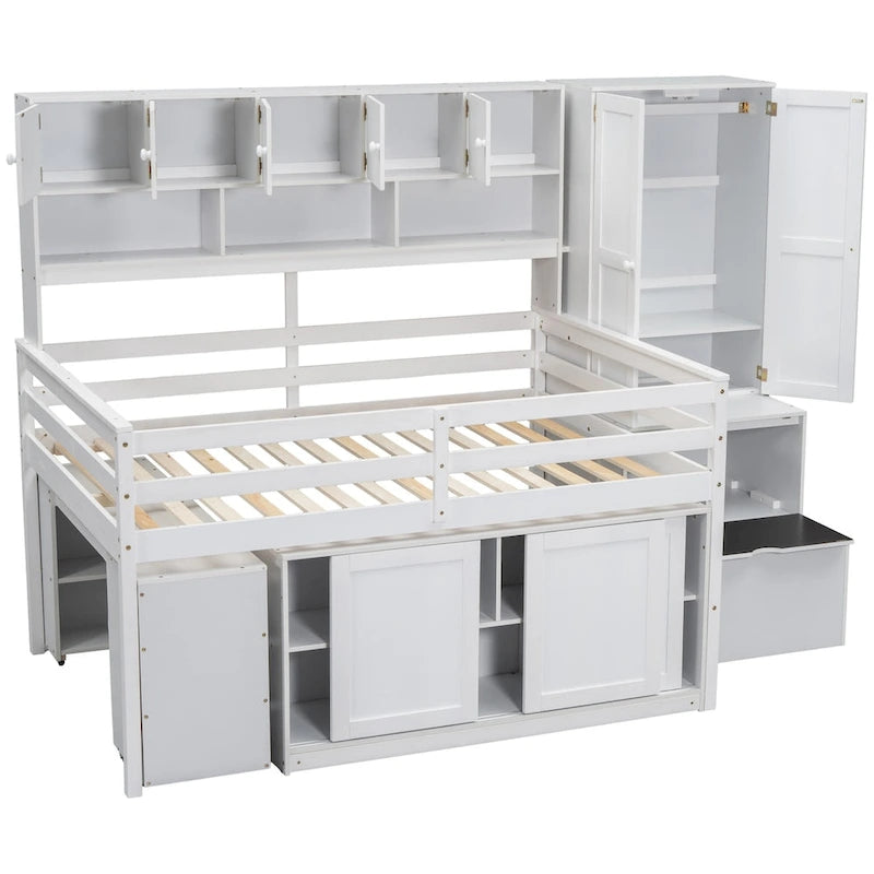 Wooden Loft Bed Big Storage with Under-bed Desk, Drawers and Shelves