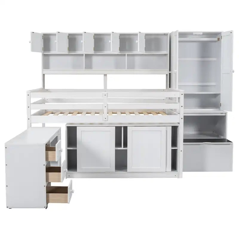 Wooden Loft Bed Big Storage with Under-bed Desk, Drawers and Shelves