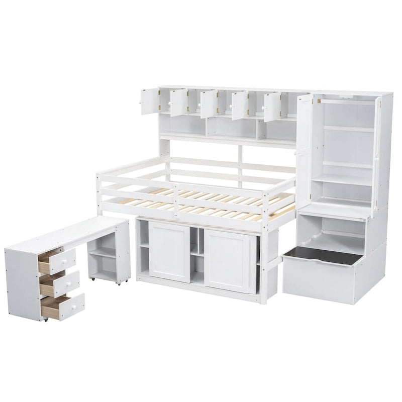 Wooden Loft Bed Big Storage with Under-bed Desk, Drawers and Shelves