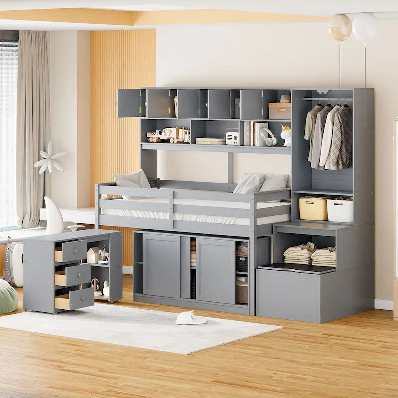 Wooden Loft Bed Big Storage with Under-bed Desk, Drawers and Shelves