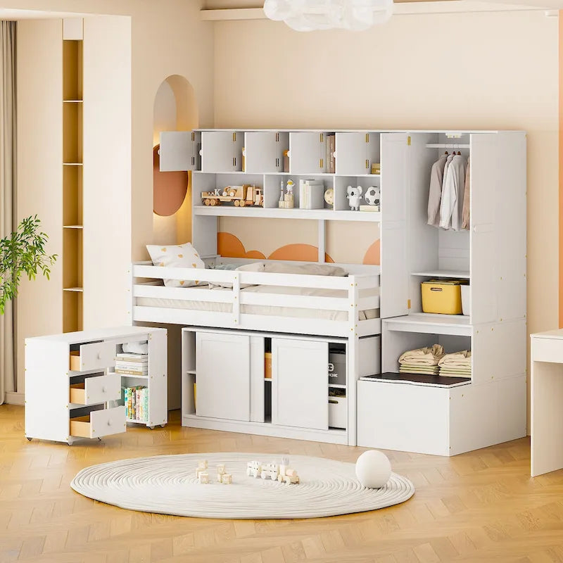 Wooden Loft Bed Big Storage with Under-bed Desk, Drawers and Shelves