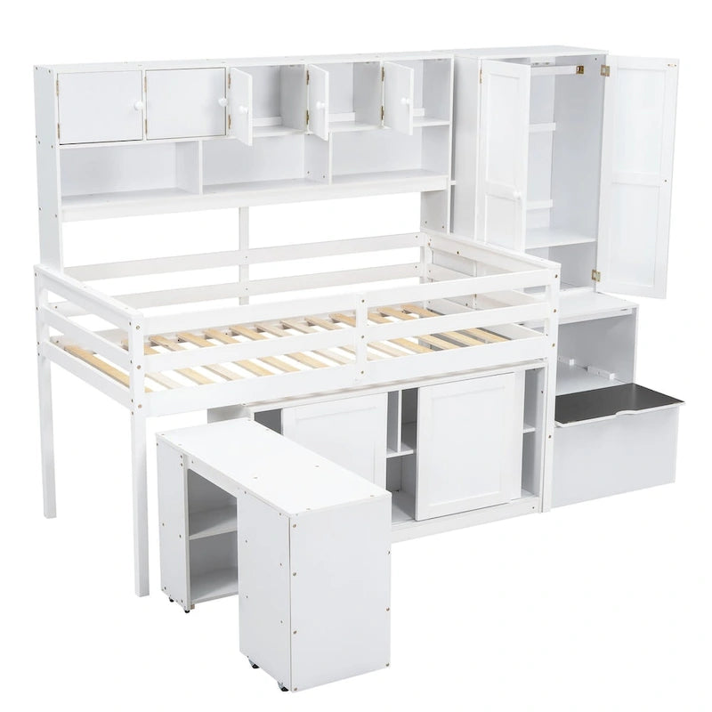Wooden Loft Bed Big Storage with Under-bed Desk, Drawers and Shelves