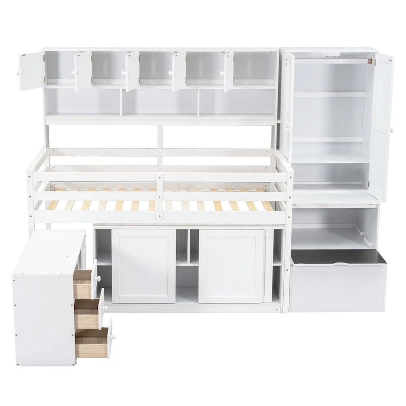 Wooden Loft Bed Big Storage with Under-bed Desk, Drawers and Shelves