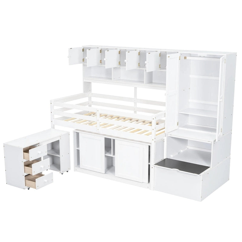 Wooden Loft Bed Big Storage with Under-bed Desk, Drawers and Shelves