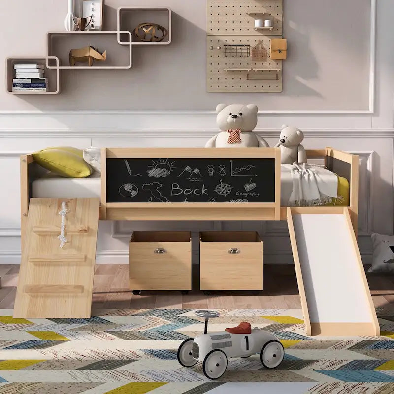 Twin Size Loft Bed with Three Blackboards, Two Storage Boxes, and Slide, Perfect for Kids' Bedroom Playtime