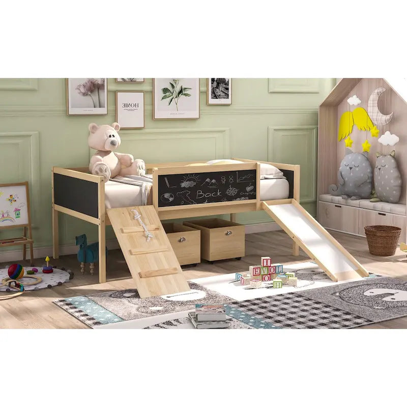 Twin Size Loft Bed with Three Blackboards, Two Storage Boxes, and Slide, Perfect for Kids' Bedroom Playtime