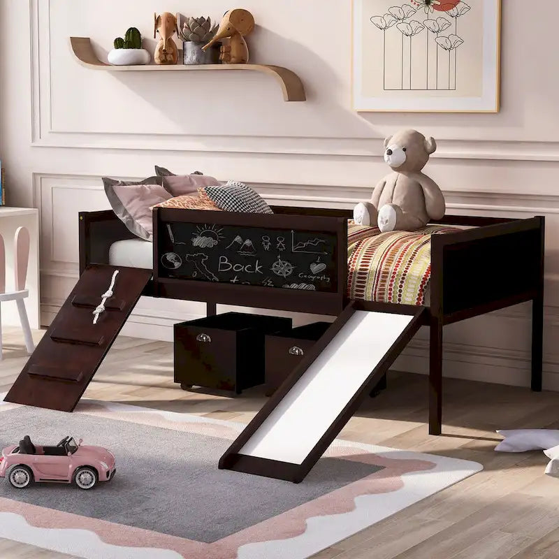 Twin Size Loft Bed with Three Blackboards, Two Storage Boxes, and Slide, Perfect for Kids' Bedroom Playtime