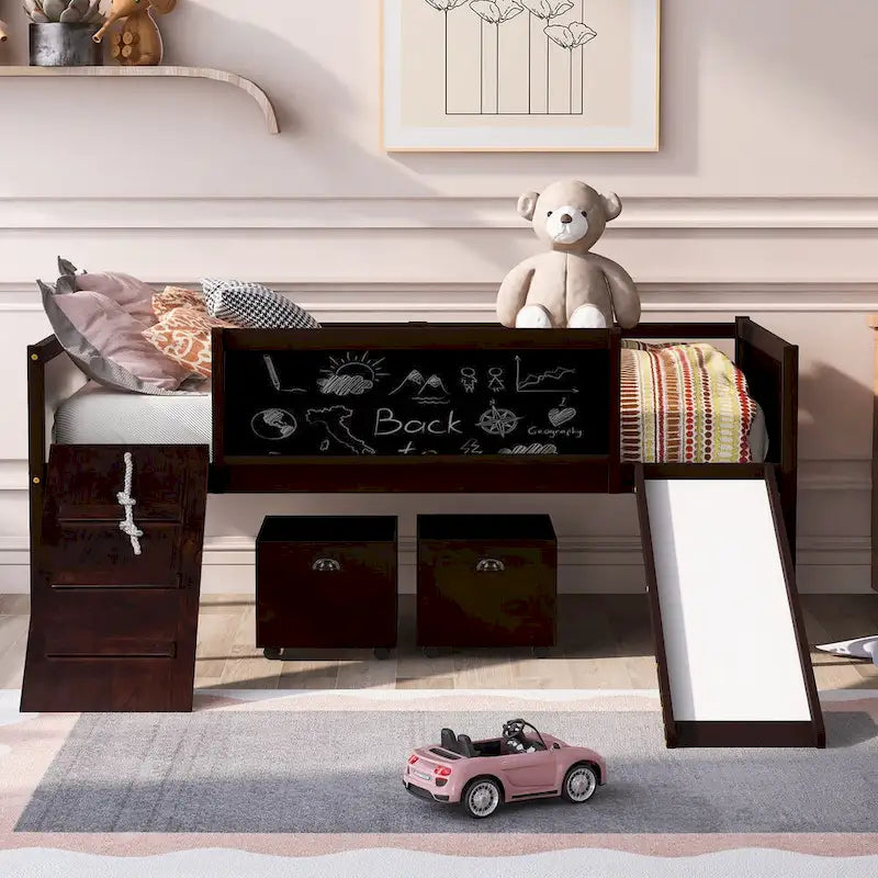 Twin Size Loft Bed with Three Blackboards, Two Storage Boxes, and Slide, Perfect for Kids' Bedroom Playtime