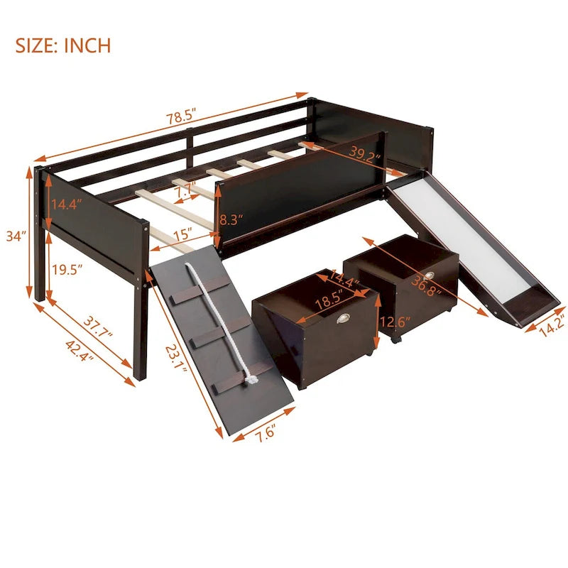 Twin Size Loft Bed with Three Blackboards, Two Storage Boxes, and Slide, Perfect for Kids' Bedroom Playtime