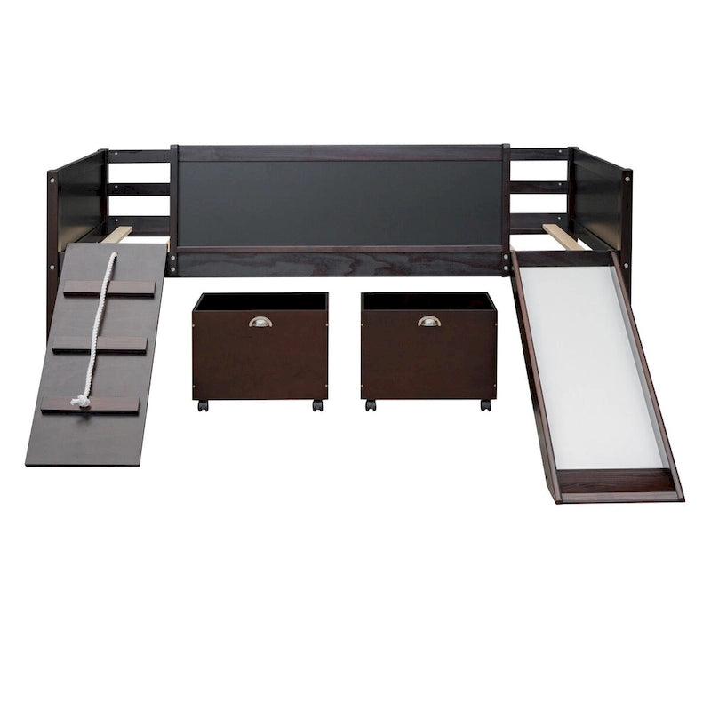 Twin Size Loft Bed with Three Blackboards, Two Storage Boxes, and Slide, Perfect for Kids' Bedroom Playtime