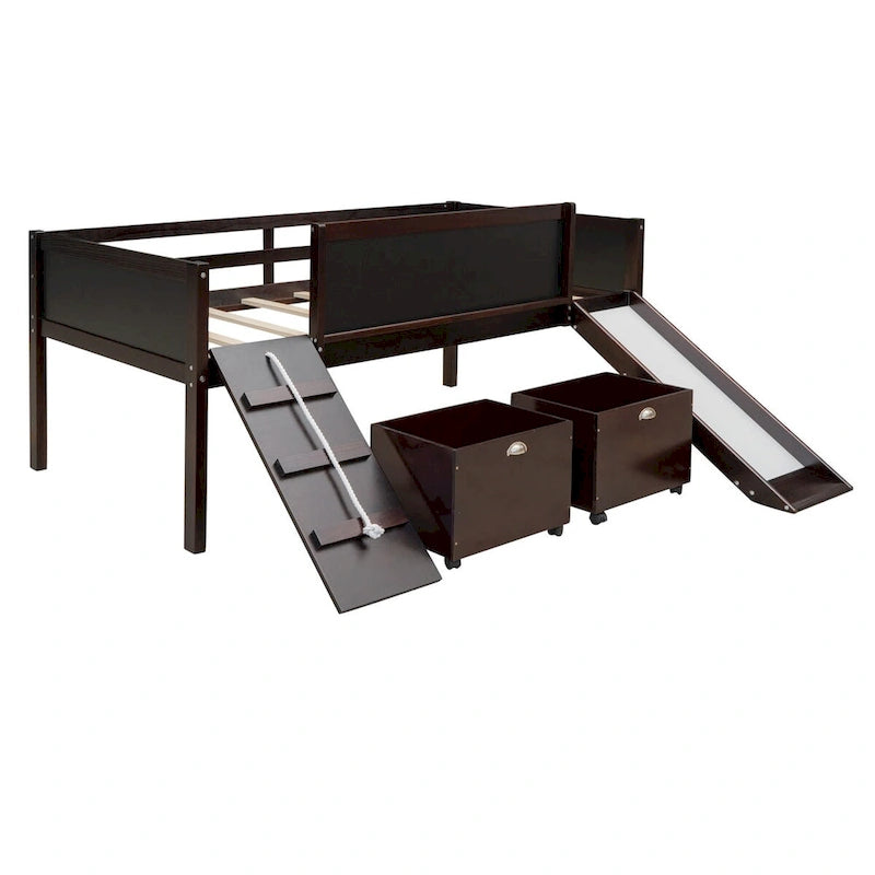 Twin Size Loft Bed with Three Blackboards, Two Storage Boxes, and Slide, Perfect for Kids' Bedroom Playtime