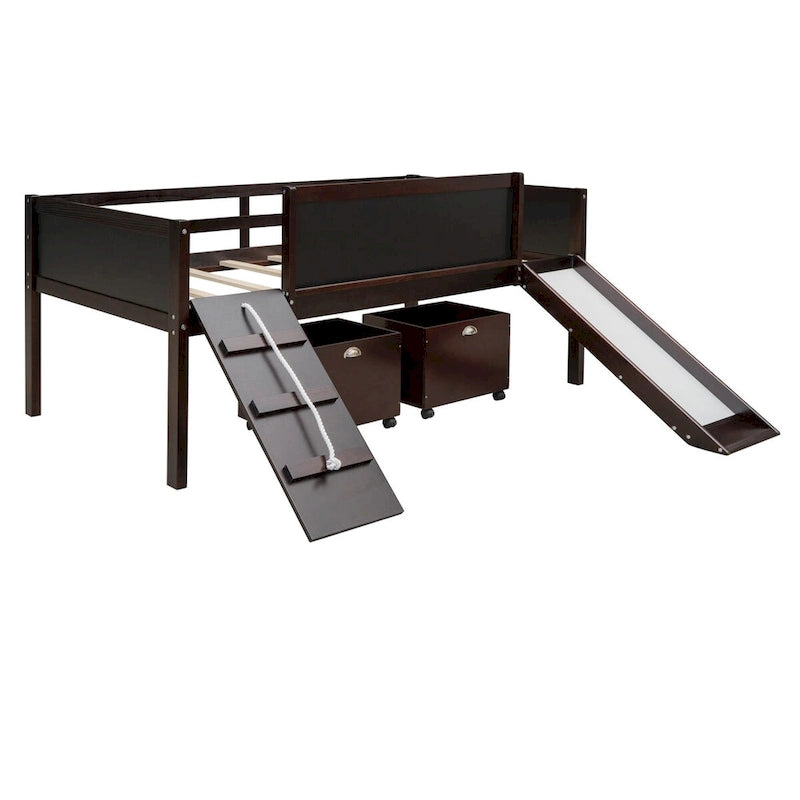 Twin Size Loft Bed with Three Blackboards, Two Storage Boxes, and Slide, Perfect for Kids' Bedroom Playtime