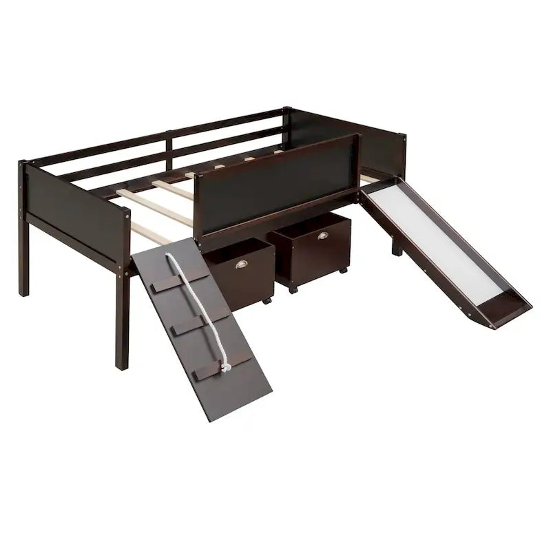 Twin Size Loft Bed with Three Blackboards, Two Storage Boxes, and Slide, Perfect for Kids' Bedroom Playtime