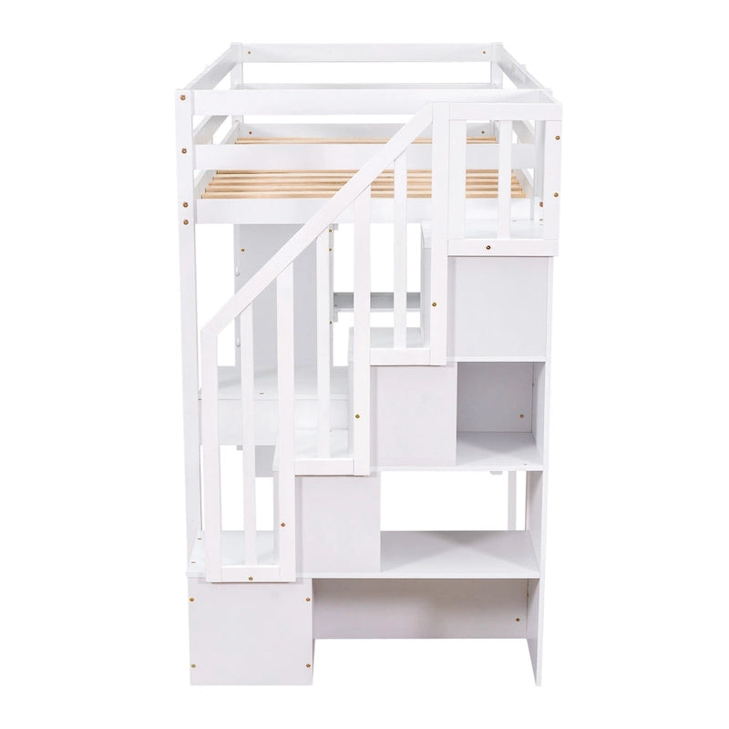Twin size Loft Bed, with Built in Desk, Drawers, and Storage Stairs