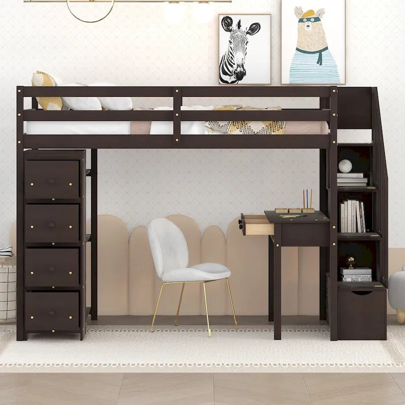Twin size Loft Bed, with Built in Desk, Drawers, and Storage Stairs