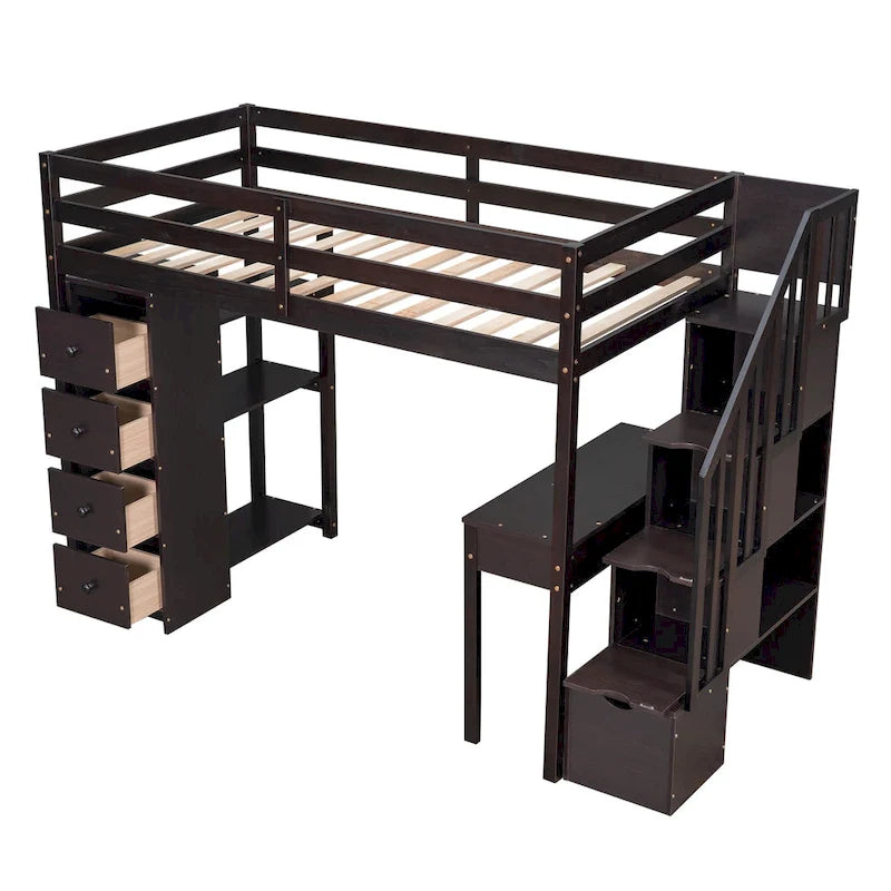 Twin size Loft Bed, with Built in Desk, Drawers, and Storage Stairs