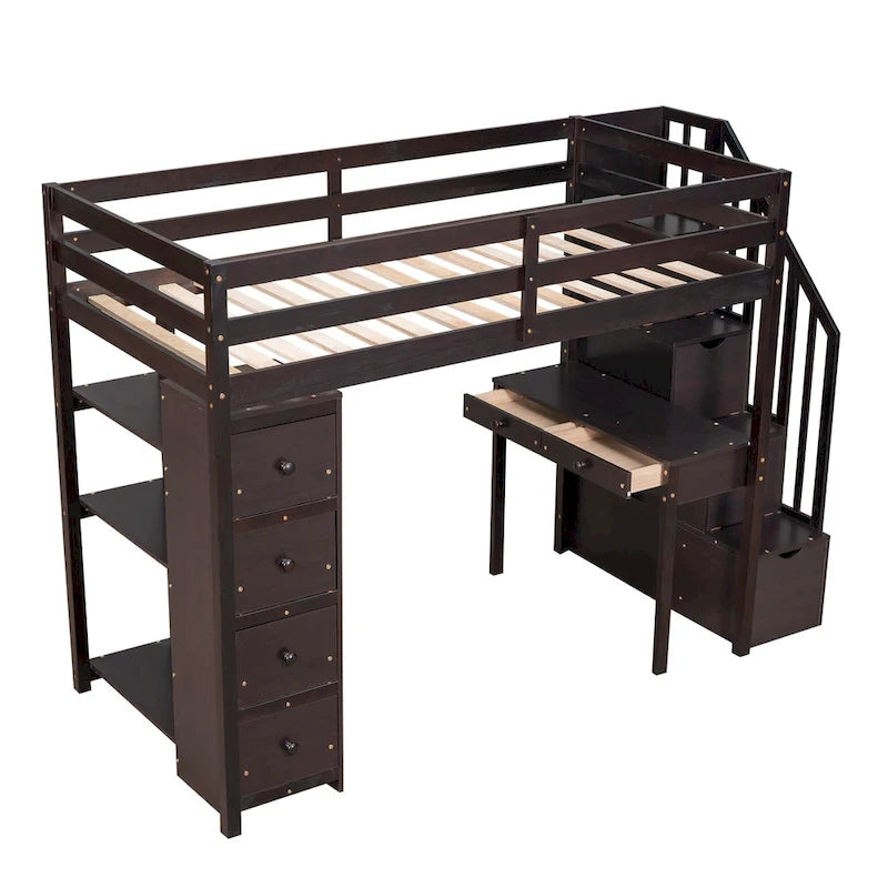 Twin size Loft Bed, with Built in Desk, Drawers, and Storage Stairs