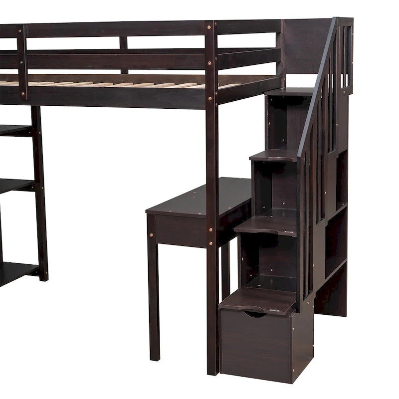 Twin size Loft Bed, with Built in Desk, Drawers, and Storage Stairs