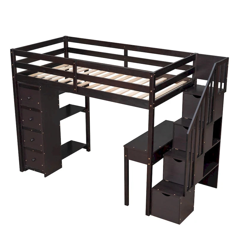 Twin size Loft Bed, with Built in Desk, Drawers, and Storage Stairs