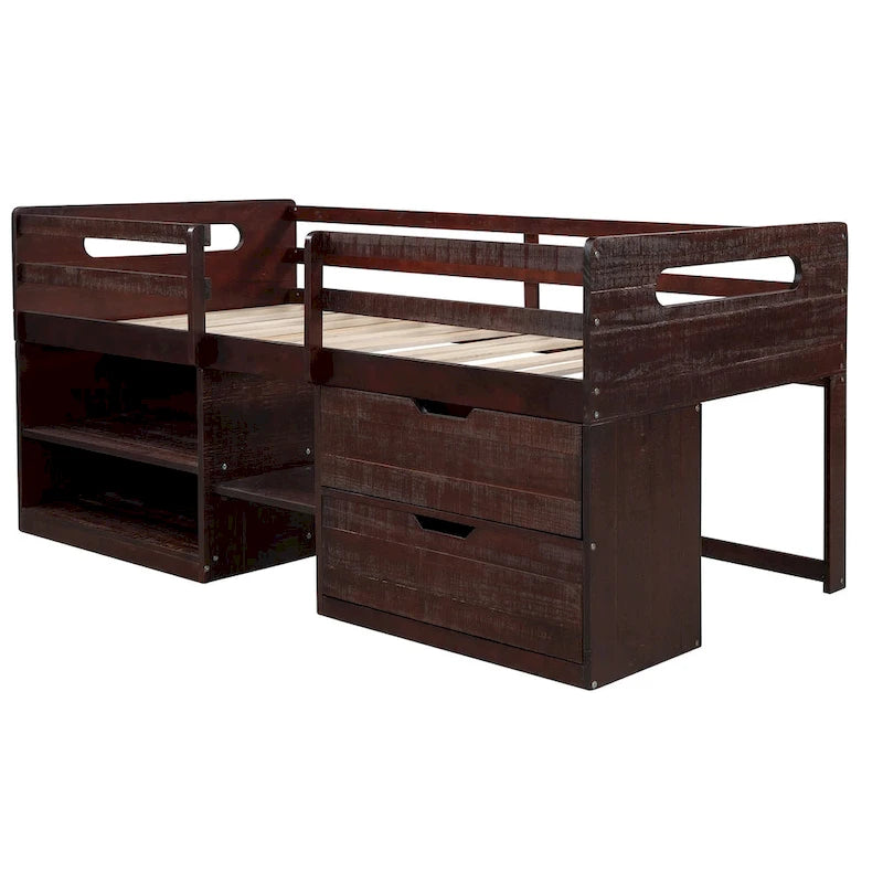 Loft Bed with 2 Shelves and 2 Drawers