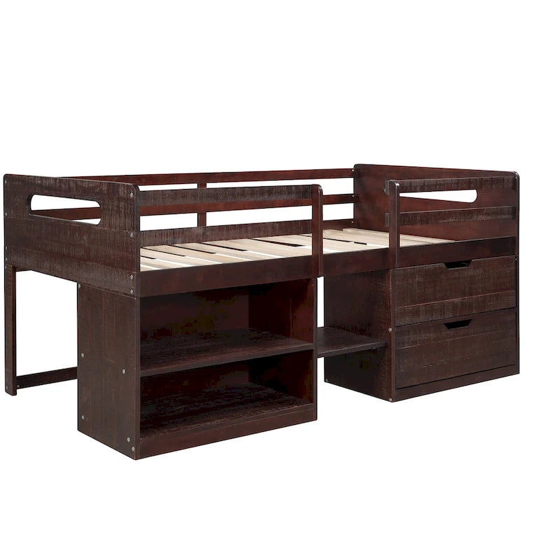 Loft Bed with 2 Shelves and 2 Drawers