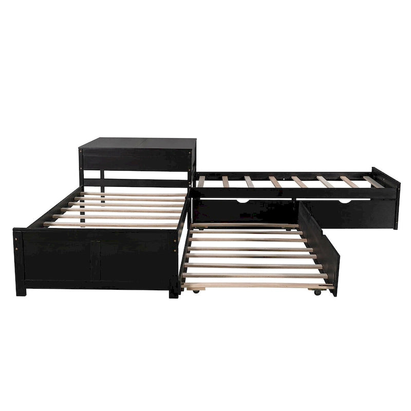 Gray&Espresso&White L-shaped Platform Bed with Trundle, Drawers, and Bedside Cabinets, Twin Size