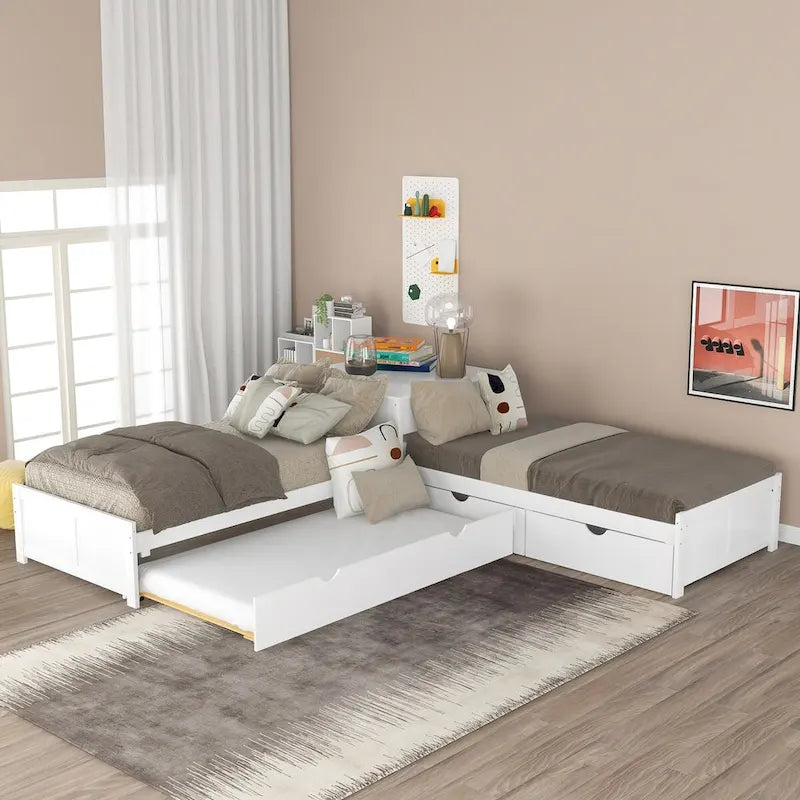 Gray&Espresso&White L-shaped Platform Bed with Trundle, Drawers, and Bedside Cabinets, Twin Size