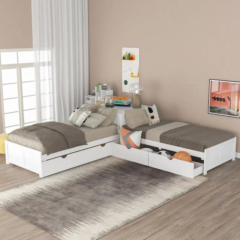 Gray&Espresso&White L-shaped Platform Bed with Trundle, Drawers, and Bedside Cabinets, Twin Size