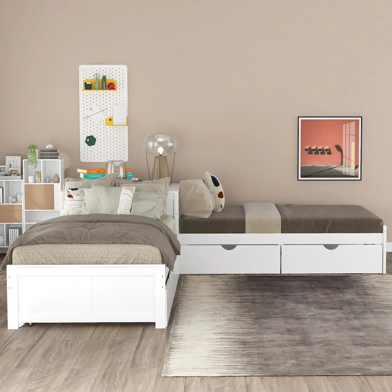 Gray&Espresso&White L-shaped Platform Bed with Trundle, Drawers, and Bedside Cabinets, Twin Size