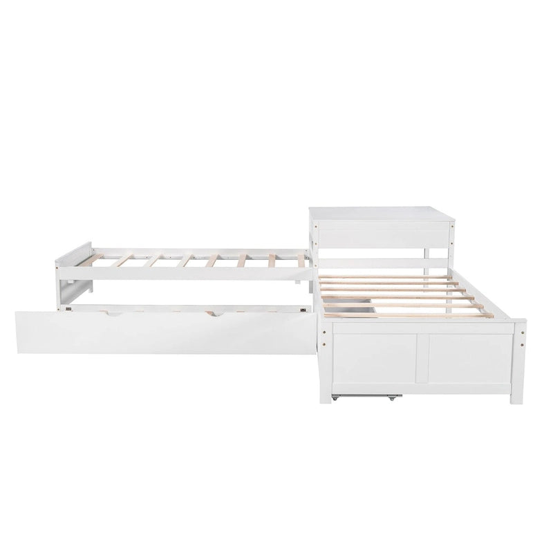 Gray&Espresso&White L-shaped Platform Bed with Trundle, Drawers, and Bedside Cabinets, Twin Size