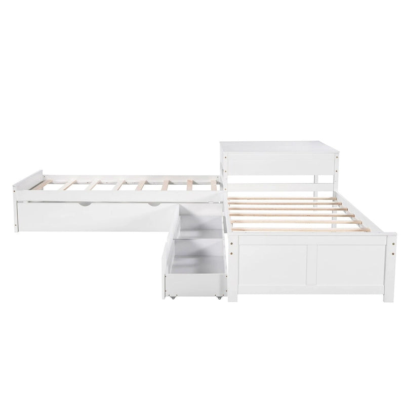 Gray&Espresso&White L-shaped Platform Bed with Trundle, Drawers, and Bedside Cabinets, Twin Size
