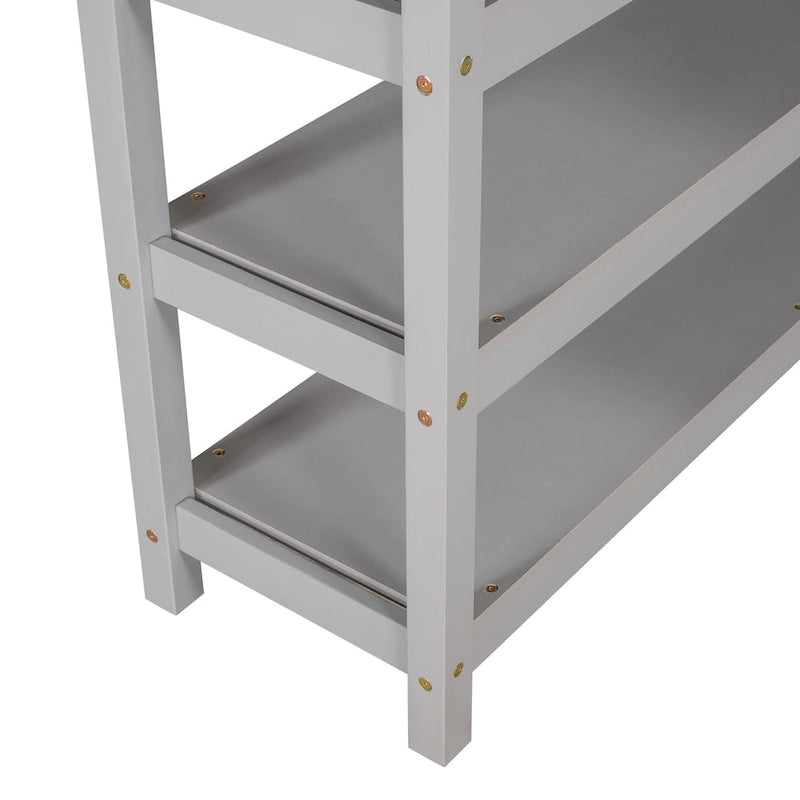 Gray Solid Wood Loft Bed with Integrated Desk, Storage Shelves, and Stable Guardrails