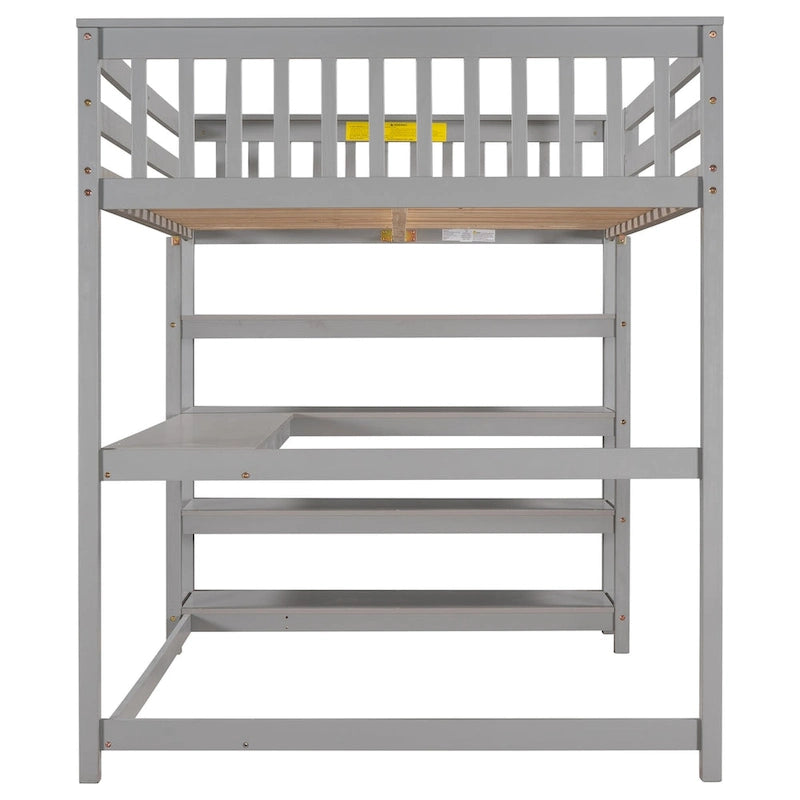 Gray Solid Wood Loft Bed with Integrated Desk, Storage Shelves, and Stable Guardrails